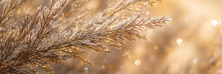 Poster - Frost-covered branch in soft sunlight, bokeh background.