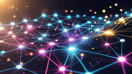 Complex neural network in motion with interconnected nodes, glowing lines, and particles. A dynamic web of intelligence and connections. Abstract tech image. 