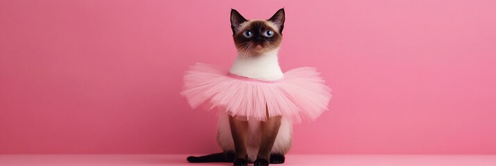 Canvas Print - Cute Siamese cat in pink tutu against pink background.