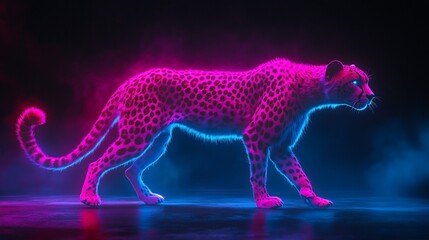 Wall Mural - neon pink cheetah walking in dark smoky environment.