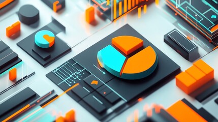 Abstract 3D rendering of geometric shapes, charts, and data visualization elements.