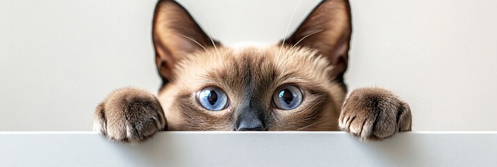 Wall Mural - Curious cat peeking over a white surface with big blue eyes and paws.