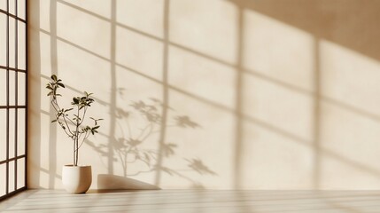 Wall Mural - Sunlight streams through a window, casting shadows on a beige wall. A small potted plant sits on a light wood floor.