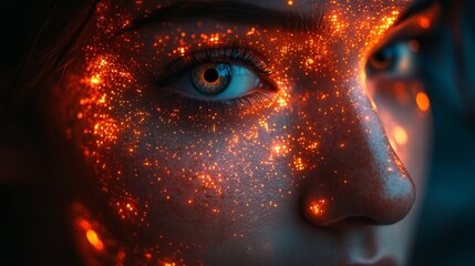 Wall Mural - A woman's face is covered in glowing, fiery specks