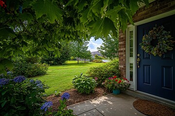 Wall Mural - Lush green lawn, vibrant flowers, and a blue front door of a brick house viewed from under a tree.