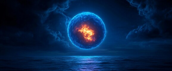 Wall Mural - Fiery orb above ocean, night sky, dark clouds, fantasy art
