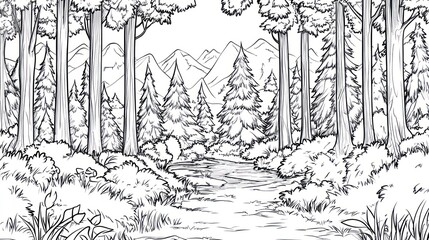 Wall Mural - Majestic mountain forest path, nature scene, coloring book page