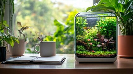 Wall Mural - Small aquarium with fish and plants on a windowsill next to a notebook and mug.