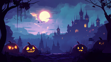 A haunting halloween scene with carved pumpkins, a misty backdrop, and a gothic castle under a spooky moonlit sky. Phantom Landscapes. Illustration