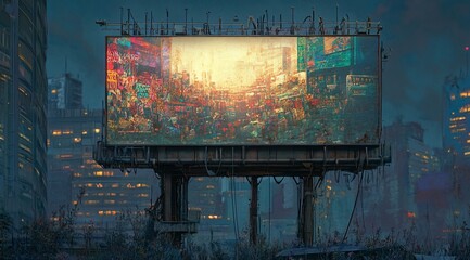 Wall Mural - Futuristic city billboard displaying a vibrant street scene at night.