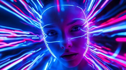 Wall Mural - woman's face illuminated by vibrant neon light streaks, futuristic digital art.