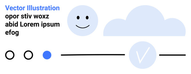 Wall Mural - Smiling face, cloud, check mark, and progress circles in a minimalist design. Ideal for joyful themes, progress tracking, weather forecasts, task completion, user interface design digital