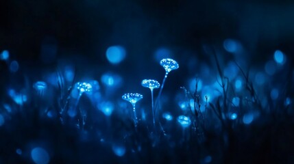 Canvas Print - Glowing blue flowers in dark field at night.