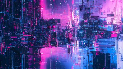 Wall Mural - abstract digital art depicting a futuristic cityscape with vibrant pink and blue neon lights and gli