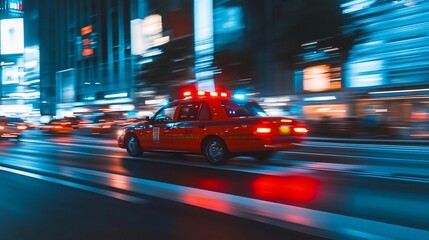 Wall Mural - Fast red emergency vehicle speeding through a city at night with blurred lights and motion.