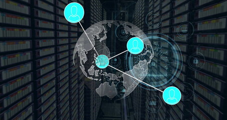 Wall Mural - Image of connections with icons and digital data processing over computer servers