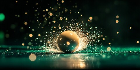 Wall Mural - Glowing sphere splashing teal liquid, dark background.