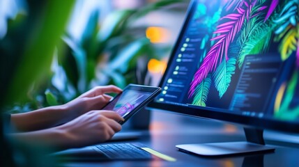 Person using tablet and desktop computer with vibrant graphic design on screen.