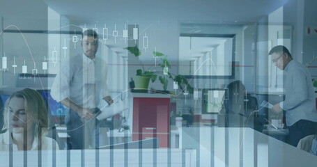 Wall Mural - image of data processing over diverse business people working in office