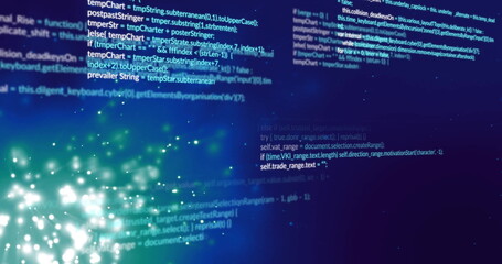 Wall Mural - image of data processing and light spots on blue background