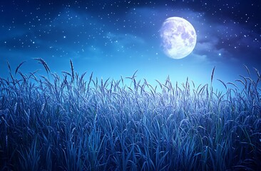Wall Mural - full moon over serene night field of tall grass.