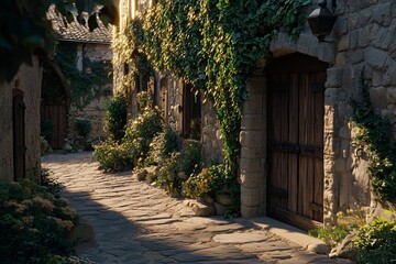 Wall Mural - Sunlit stone alleyway with lush greenery, old wooden doors, and flowering plants.