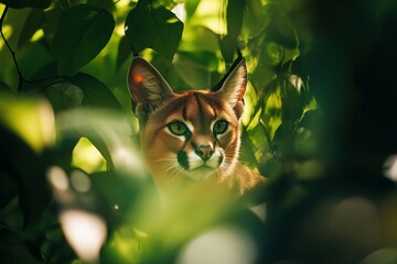 Poster - Caracal cat peering through lush green foliage, sunlit scene.