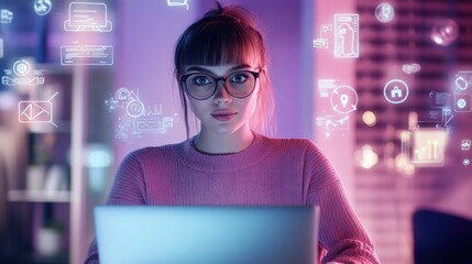 Woman Working on Laptop with Digital Interfaces