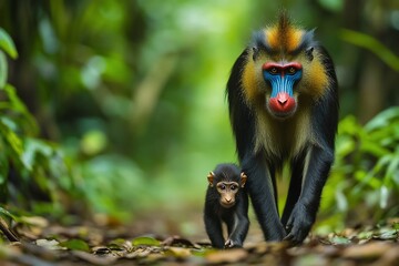 Poster - Mandrill mother and baby walking through lush green rainforest.