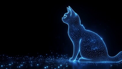 Sticker - Glowing blue digital cat sitting on dark background. (1)