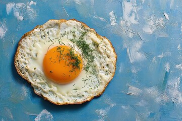 Canvas Print - Fried egg with dill on a painted blue background