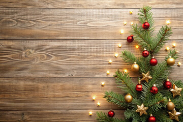 Wall Mural - Christmas tree branches on wooden background