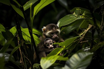 Poster - A mother squirrel monkey cradles her baby amidst lush, green foliage in a dark rainforest.