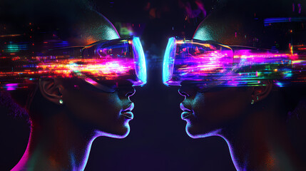 Poster - Two individuals face opposite directions, wearing futuristic vr headsets emitting vivid digital light effects. Augmented Reality Worlds. Illustration