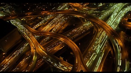 Wall Mural - Aerial night view of complex highway interchange with heavy traffic flow.