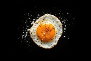 Canvas Print - Fried egg seasoned with salt and pepper on black surface