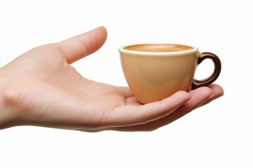 Wall Mural - A hand gently cradles a small cup of espresso, isolated on white.