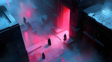 Wall Mural - Isometric gameplay mechanics players navigating a dark room with red light and unique visual elements for gaming 3d art