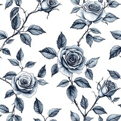 Canvas Print - Elegant monochrome pattern of blue roses with intricate leaves and stems, perfect for backgrounds in floral design, textile prints, and artistic projects