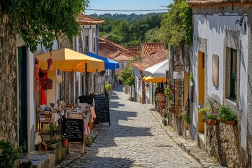 Wall Mural - Sunny cobblestone street in a charming European village with colorful buildings, outdoor cafes, and terracotta roofs.