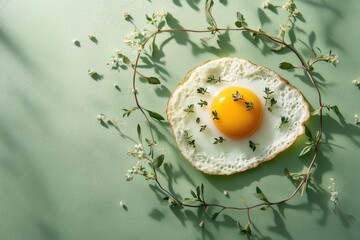 Poster - Fried egg with thyme and floral garland on green background