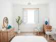 © DITSARAPHAN - Minimalistic white bedroom in Mediterranean style with white walls, natural wood furniture, and pops of blue accents, furniture, clean, accents