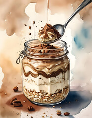 Sticker - Watercolor layered dessert in a jar with granola, cream, chocolate, and nuts, with a spoon