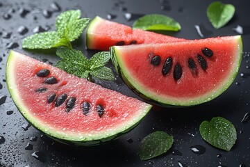 Wall Mural - Fresh watermelon slices with mint leaves on a dark surface.