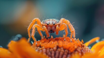 A close-up of a small orange spider perched on an orange flower