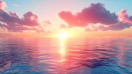 Wall Mural - digital landscapes unfold beneath a sunset sky with vibrant clouds over the ocean reflecting serene 