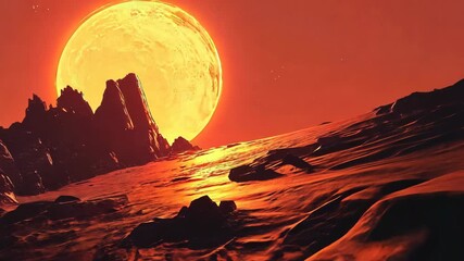 Wall Mural - alien planet with a glowing atmosphere, silhouetted against a fiery sun