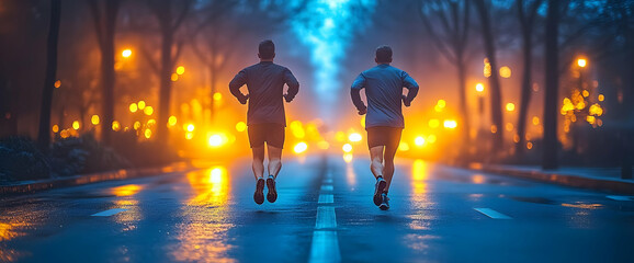 Two Runners On Wet City Street At Night