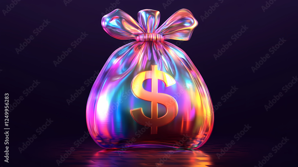 Holographic 3d money bag icon illustration with iridescent colors and a ...