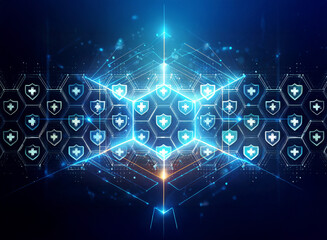 futuristic digital network with glowing blue lines creates a complex structure of shield icons on a 